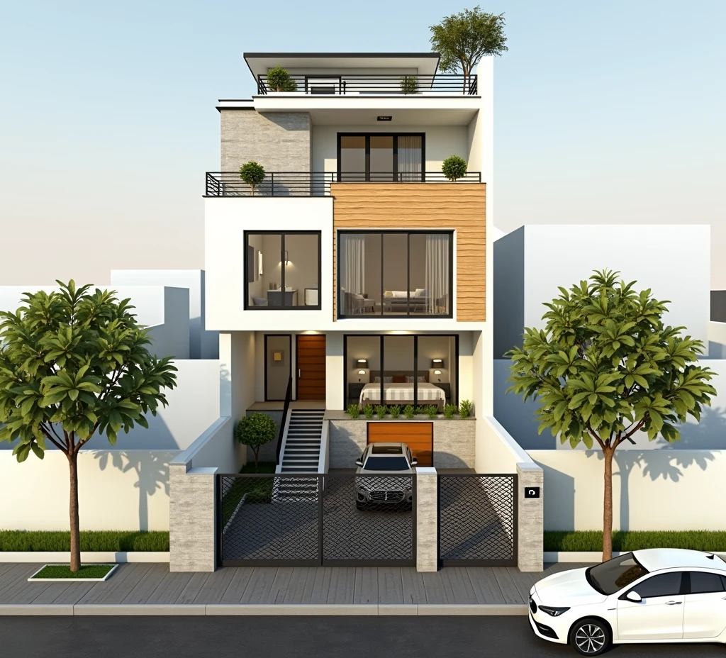 create a house with 3 rooms, including one for games, rooms of&#39;hosts and master bedroom with bathrooms, containing a kitchen, salon, social bathroom, laundry area, garage for car and motorcycle and a small patio at the&#39;front with a high wall and a gate that prevents anyone from seeing in&#39;exterior