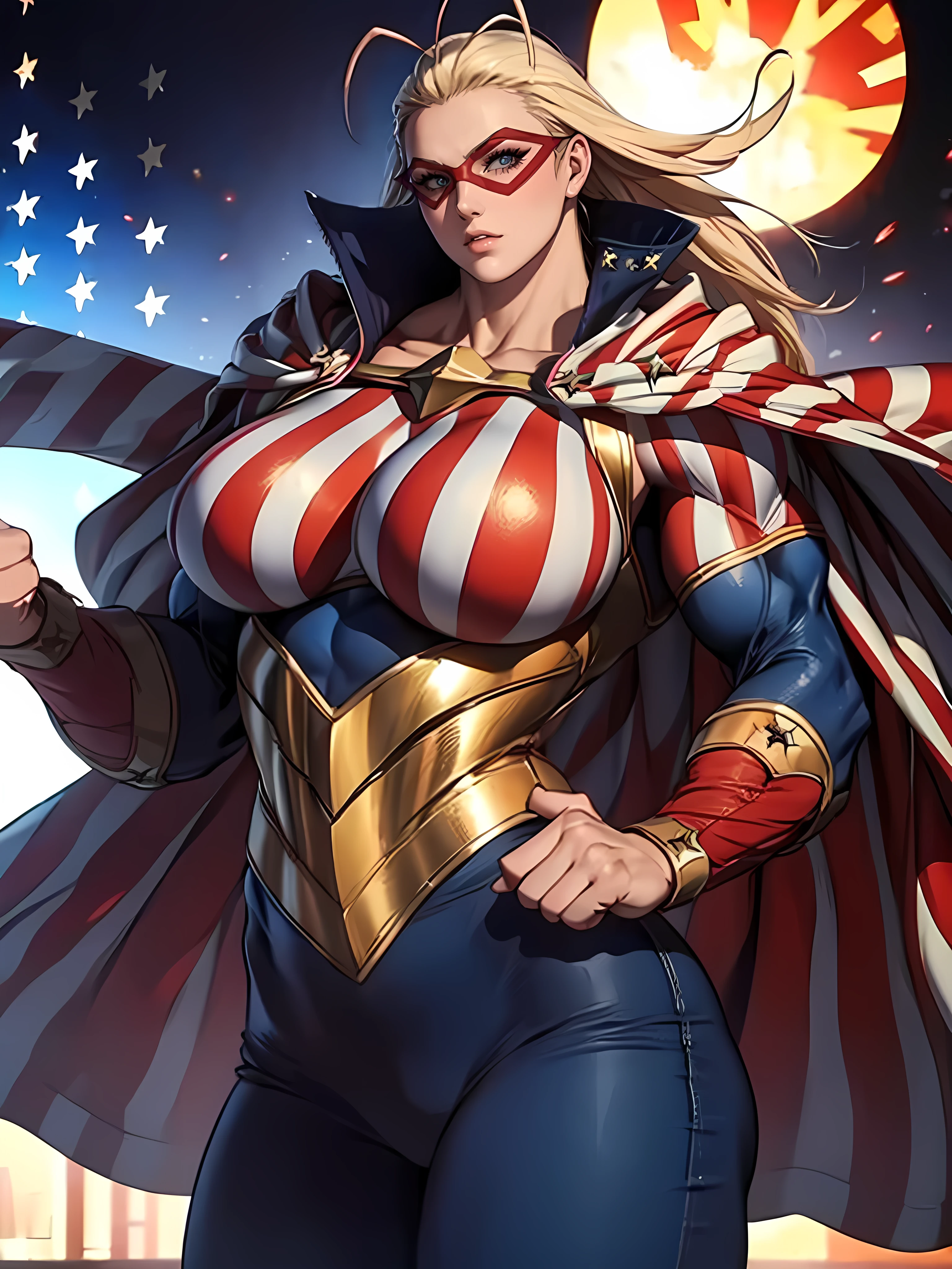 Masterpiece, Massive female bodybuilder, Huge Breasts:2, domino mask, american flag print, striped bodysuit, red cape,starandstripe, antenna hair