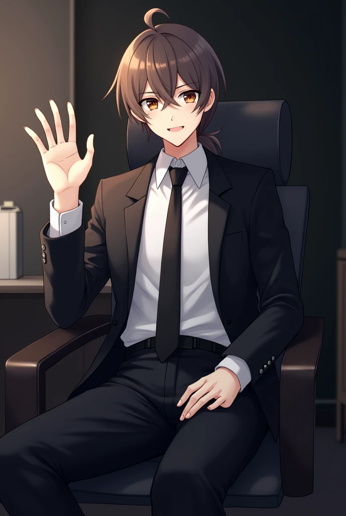 create an anime style image, There is a young adult man, White skin, brown fur, tied in a small ponytail, and dark brown eyes, He is wearing a white long-sleeved shirt, a black tie, black pants and a black jacket, He is sitting on a black chair and with one of his hands he waves to the camera, He has a lovely smile on his face. The background is of an office that is dark. In the picture he is seen from head to toe. anime style