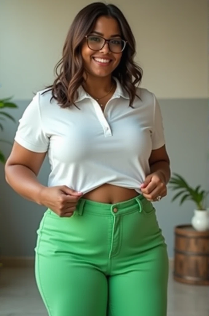 Create a video of a short woman, muslos grandes, medium straight hair, glasses, white, e calça verde bandeira com uma blusa polo white, 70kg, dancing lifting the polo shirt halfway up