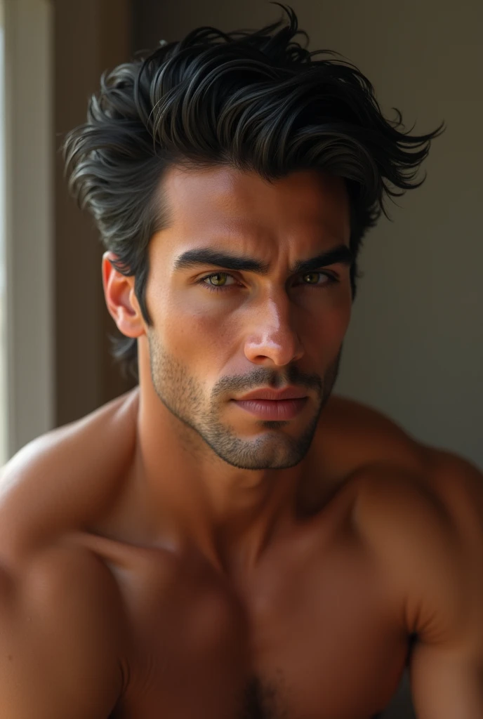 tanned man, cupid mouth and reddish, Straight Nose, sharp green eyes, straight and defined eyebrows, defined jaw, sharp cheekbones and wavy black hair, defined body, no beard and moustache