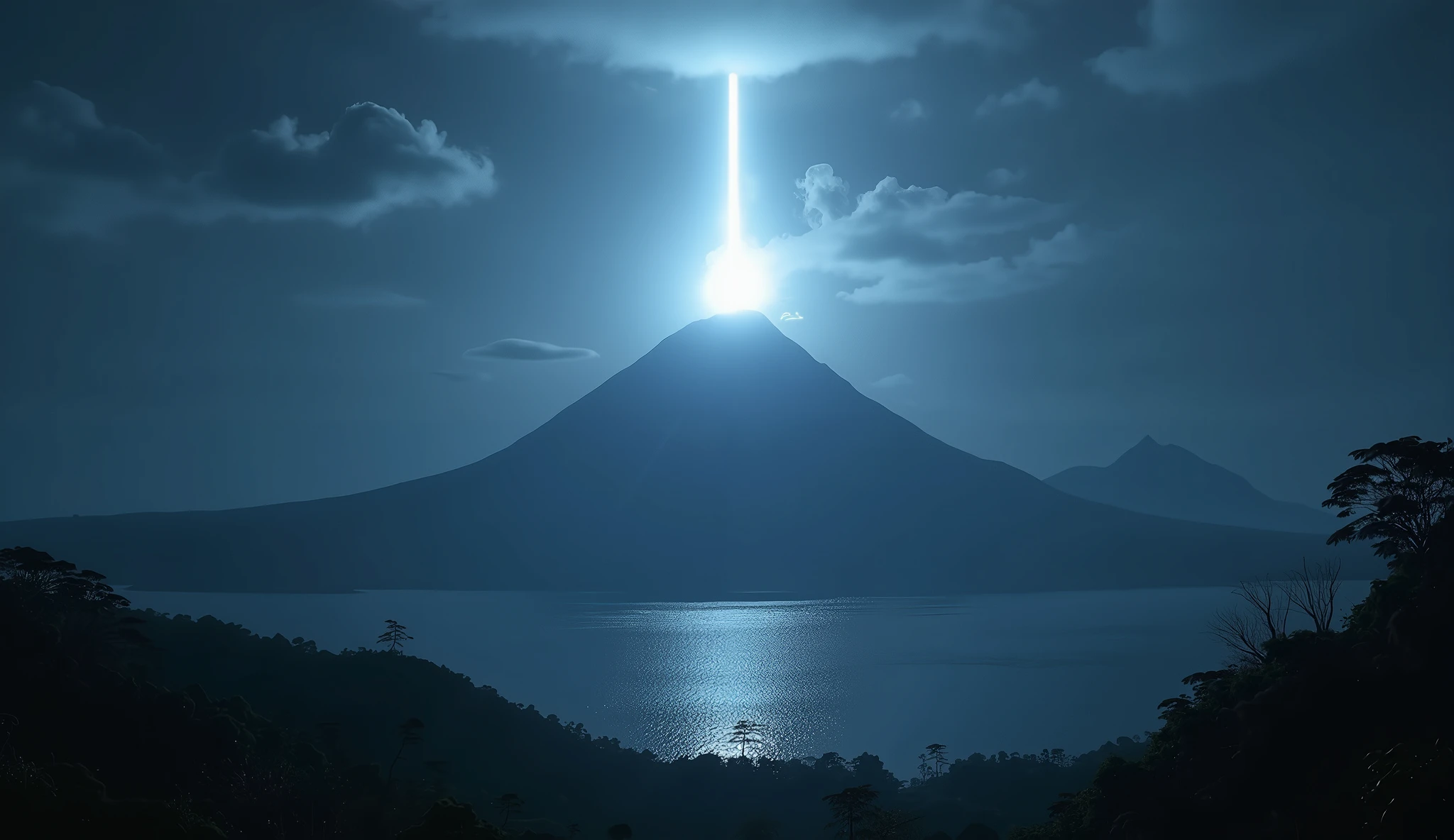 Night on Ternate island, Maluku, Indonesia with an abstract white light on the top of the mountain that stretches straight towards the sky