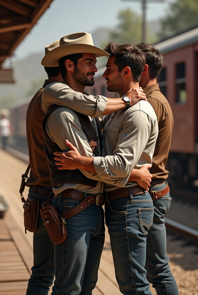 4 handsome men handsome cowboy says goodbye to a cute young 2 handsome friend who is going on a trip on a train at a train stop gay boyfriend of one of the cowboys