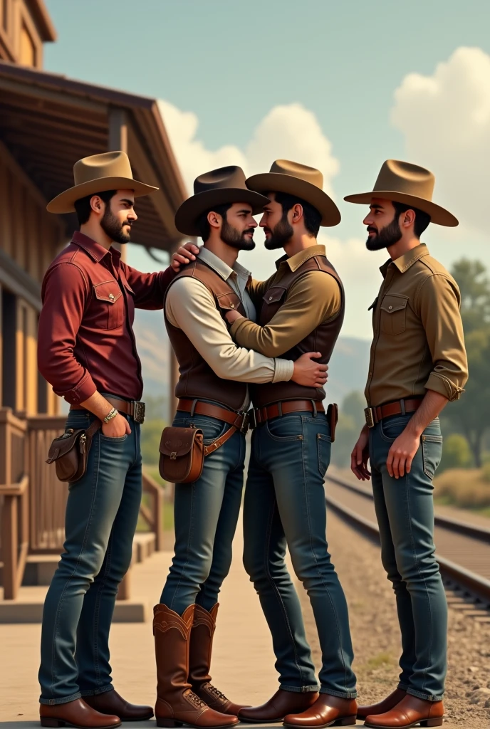 4 handsome men handsome cowboy says goodbye to a cute young 2 handsome friend who is going on a trip on a train at a train stop gay boyfriend of one of the cowboys