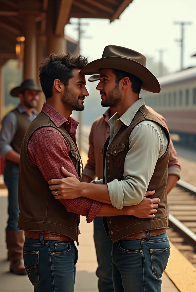 4 handsome men handsome cowboy says goodbye to a cute young 2 handsome friend who is going on a trip on a train at a train stop gay boyfriend of one of the cowboys