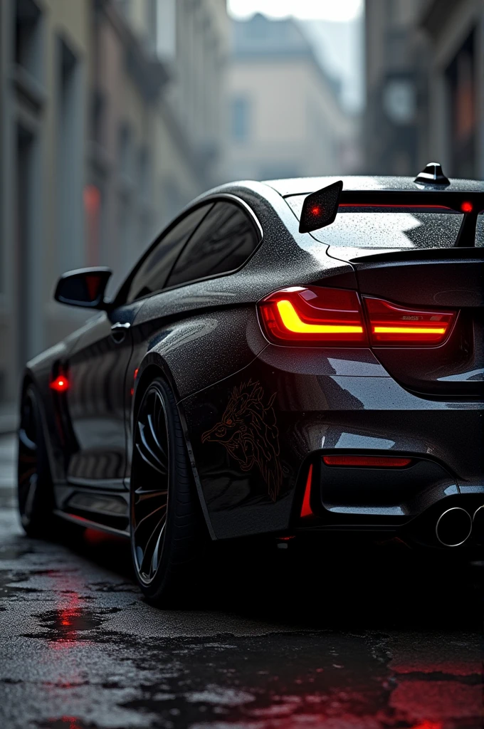 Black mafia bmw with spoiler and red tail light with angry lion