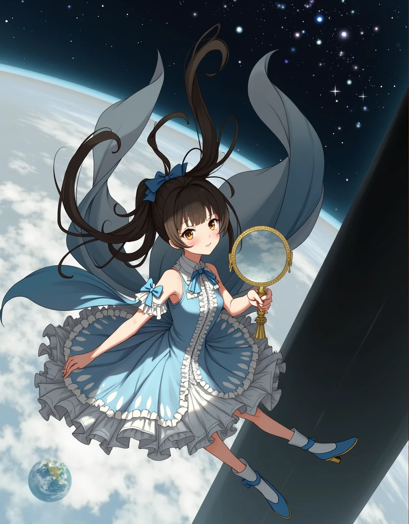 anime girl in a blue dress holding a mirror in her hand floating in space with stars, (ponytail forehead hair pulled back:1.3), (black hair:1.3), 1girl, solo, long hair, open mouth, black hair, dress, bow, holding, bare shoulders, brown eyes, ponytail, hair bow, frills, detached sleeves, sky, shoes, cape, white dress, blue bow, forehead, blue footwear, space, planet, earth \(planet\), anime style, from girls frontline, fine details. girls frontline, girls frontline universe, girls frontline style, girls frontline, girls frontline cg, soft anime illustration, 2 0 2 2 anime style, 2022 anime style, pixiv contest winner, pretty anime character design, render of april
