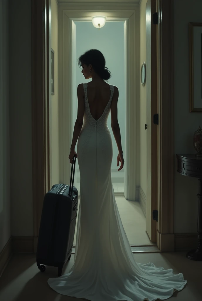 Generate an image of a black skinny curvy sad bride with her laugage leaving a hotel door