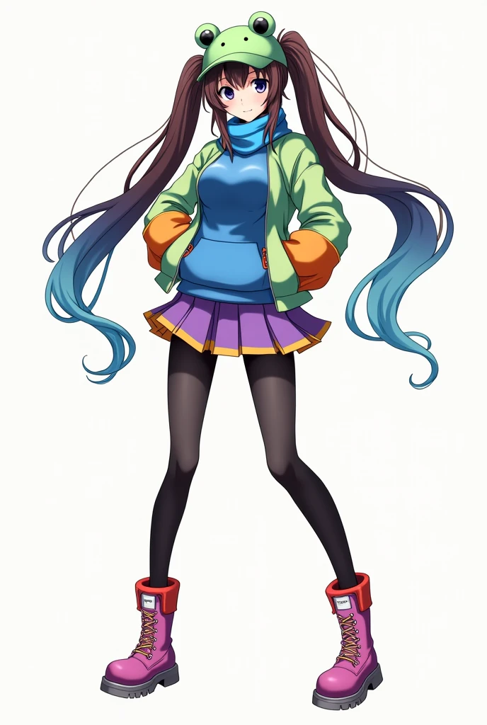 Create an anime style girl with a blue sweatshirt under a light green jacket with orange and blue sleeves, with a frog cap, short purple and yellow skirt, with a blue and red scarf, with long black and white stockings, with pastel red and dark purple boots, with hair in long pigtails half blue and half brown, with really formidable and giant breasts and with a giant ass 