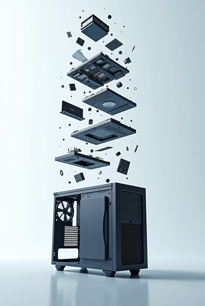 Gamer computer disassembling in 3D as if floating upwards