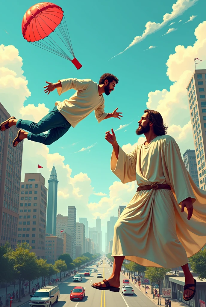modern man falling from the sky to the city and jesus reaching out trying to hand the man a parachute, but man ignores Jesus&#39; help. Visual cartoon
