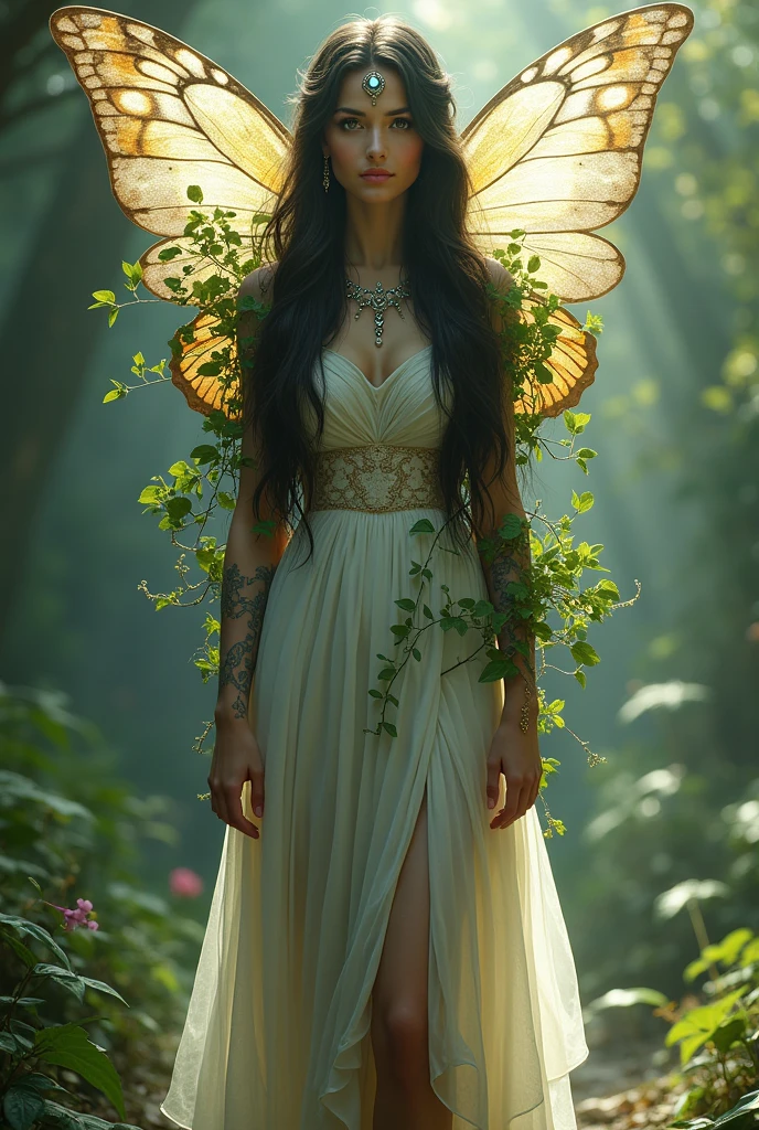 Make me a full body avatar standing, a pretty woman with long dark hair, with butterfly wings which looks like a soul with a third eye and with plants coming out of its body