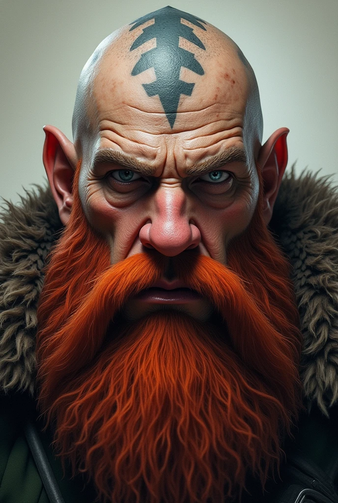 Create an image of the face of a bald Nordic dwarf with a tattoo on his head with a large red beard and one blind eye