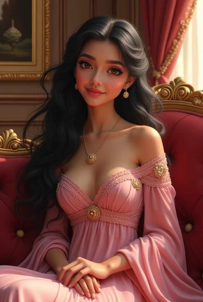 Ananya in the Palace: "A beautiful and intelligent princess, Ananya, with flowing dark hair, dressed in elegant royal attire,  her eyes reflects kindness & wishdom  & she sits her room 

Wearing beautiful gown in baby pink coloured 
