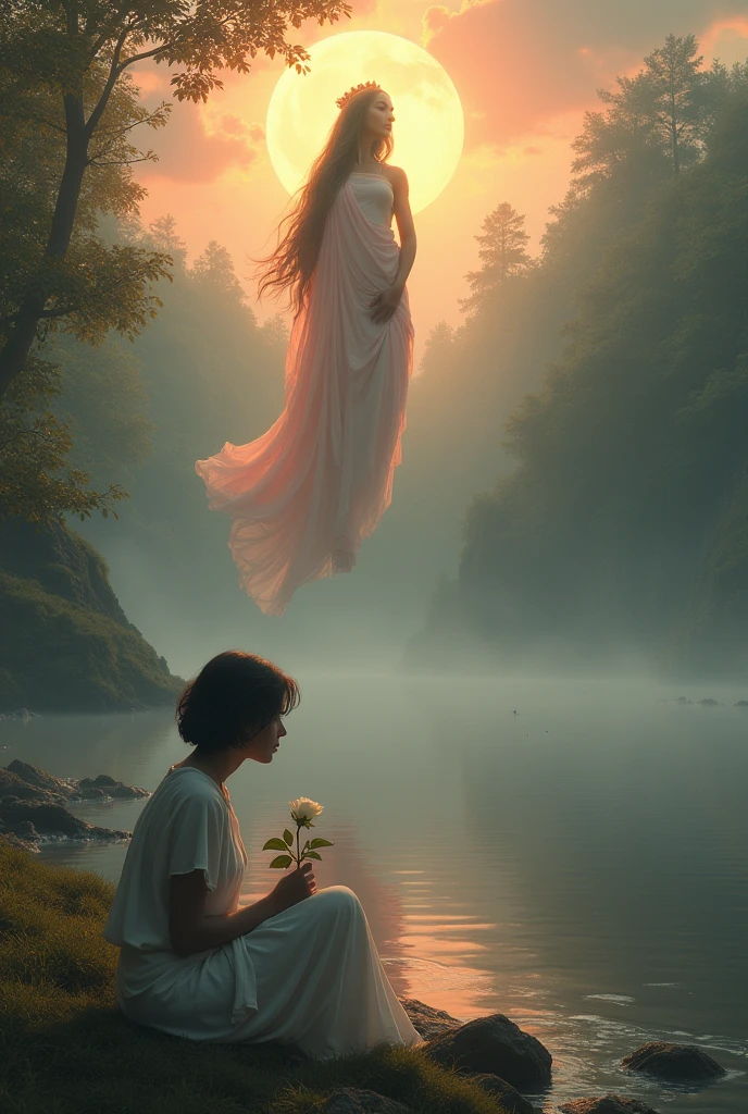 a transgender woman, white-skinned, Hispanic appearance, approximately 42 years, very short hair at nose level, little breast, white and light clothes, brooding, on his knees, near the source of a calm river, with a white rose in his hands next to his chest, without realizing that she is being watched very closely by a beautiful divine feminine being, Black-skinned, long  hair, with a humble crown, illuminated by a soft beam of light, pink flowing clothes, Pure appearance, innocent, in the middle of the virgin forest, at dusk, with reddish and yellow sky, under a thick and beautiful fog, with a beautiful, carefree yellow snake on his shoulders.