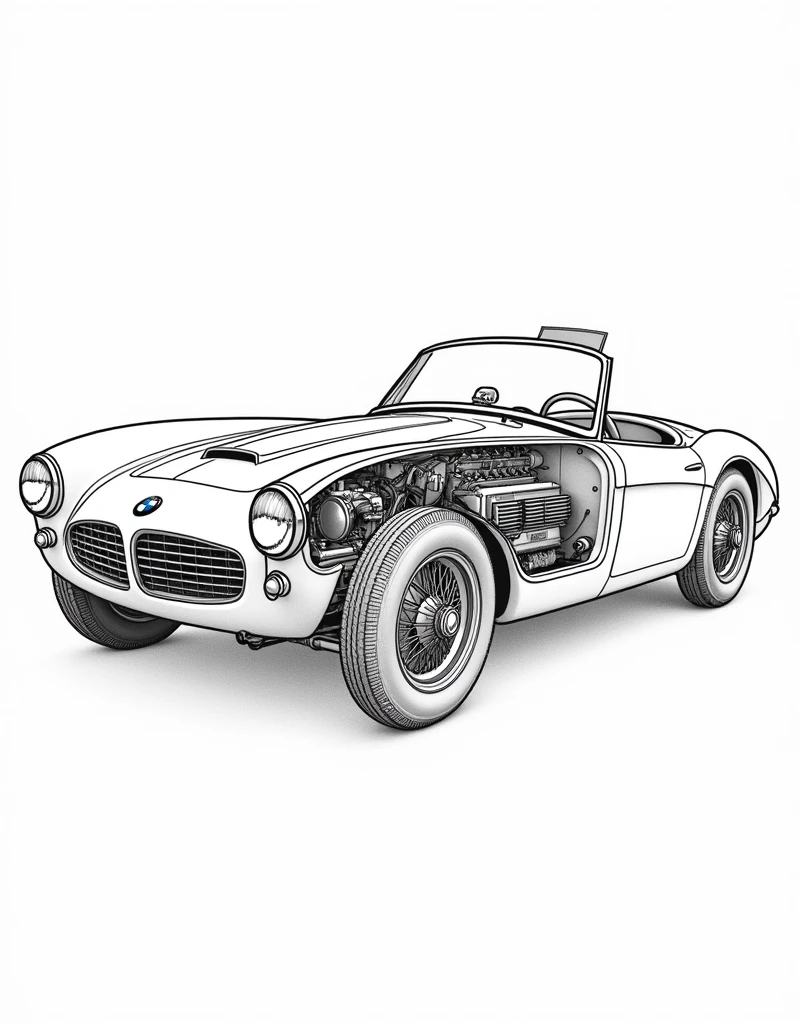 create an image of a car BMW 507 Country of origin: Germany Brand: BMW Model: 507, classic without hood Year of creation: 1956, for coloring book, coloring book in black and white, with a background of some structures according to his time
