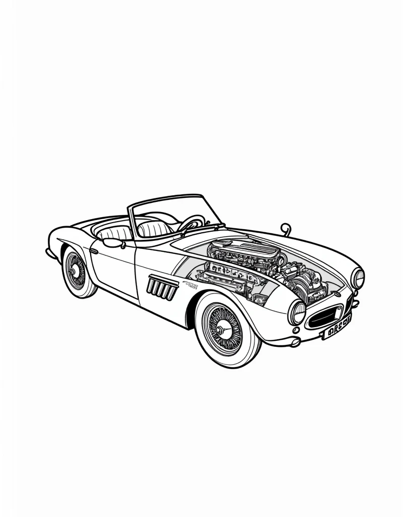 create an image of a car BMW 507 Country of origin: Germany Brand: BMW Model: 507, classic without hood Year of creation: 1956, for coloring book, coloring book in black and white, with a background of some structures according to his time