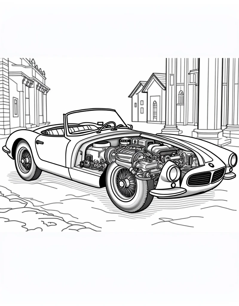 create an image of a car BMW 507 Country of origin: Germany Brand: BMW Model: 507, classic without hood Year of creation: 1956, for coloring book, coloring book in black and white, with a background of some structures according to his time
