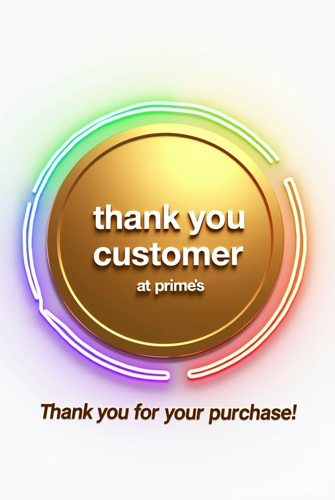 Golden round logo "Thank you customer". white background, glowing green and purple sign
"At Prime's" "Thank you for your purchase!"
