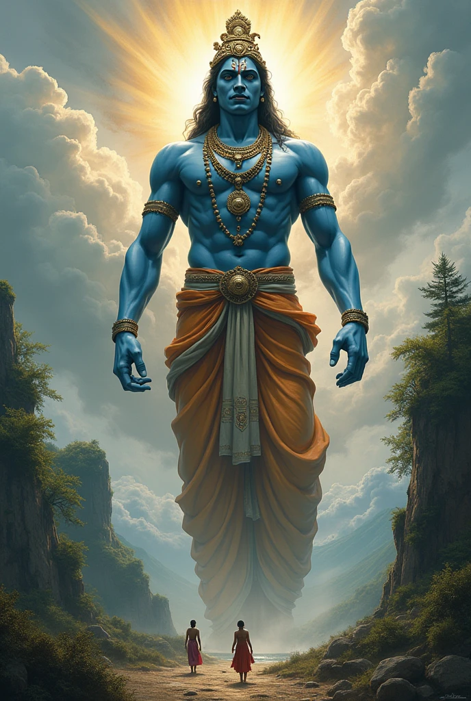 Krishna as a colossal figure in the center of the image, towering over the landscape. His size should dwarf the surrounding people, emphasizing his divine presence.