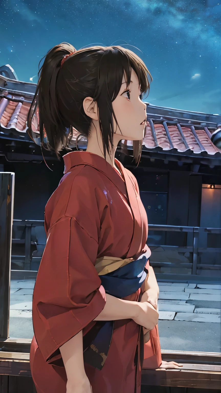 (masterpiece:1.4)、(Highest quality:1.4)、(High resolution:1.4)、Chihiro Ogino、ponytail、Unite Form、Red kimono、Old inn、rooftop、Looking up at the sky、night、Starry Sky、colorful、High contrast