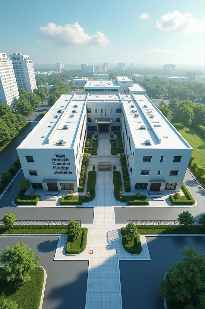 Make an 3d exterior of my hospital that's name is “CuraSafe Residence”
Structure:-
Hospital will be in square shaped
Hospital will build in single story, it means that hospital will have only one ground floor.
Hospital will have 14 equal sized rooms on every each side
Between all the rooms there will be a hall
On every each side there will be main door between 7 rooms, these doors will be connected to a hall
Around the hospital there will be a fence for security purpose
Hospital name should be visible