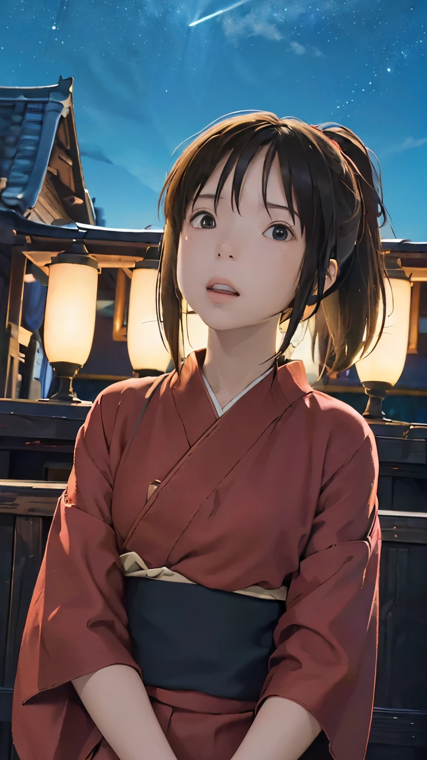 (masterpiece:1.4)、(Highest quality:1.4)、(High resolution:1.4)、Chihiro Ogino、ponytail、Unite Form、Red kimono、Old inn、rooftop、Looking up at the sky、night、Starry Sky、colorful、High contrast