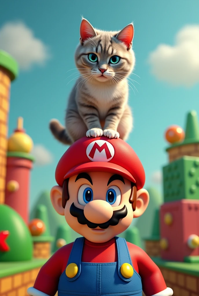 A cat sitting on a bald mario