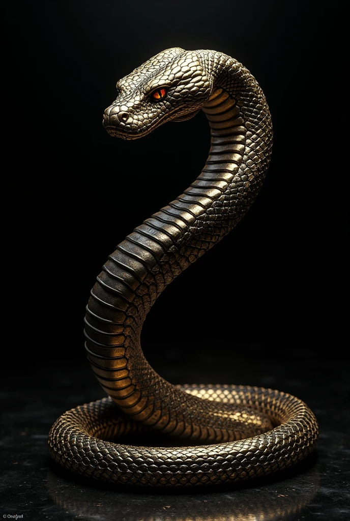 Create an image about a snake with black and gold tones in a vertical format 9:16 on a black background