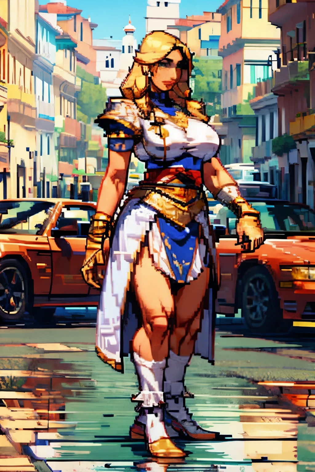 1 girl, alone, Young girl, young, Rome at the bottom, Renaissance, rome, Very detailed, Realistic long-term photography., 4k, CLOTHES, poca CLOTHES, by the wide, long hair, by rubio, Blonde hair, green eyes, green eyes, breasts grandes, breasts, big breast, breasts, hood, hood, stockigs, socks, white stockings, socks blancas