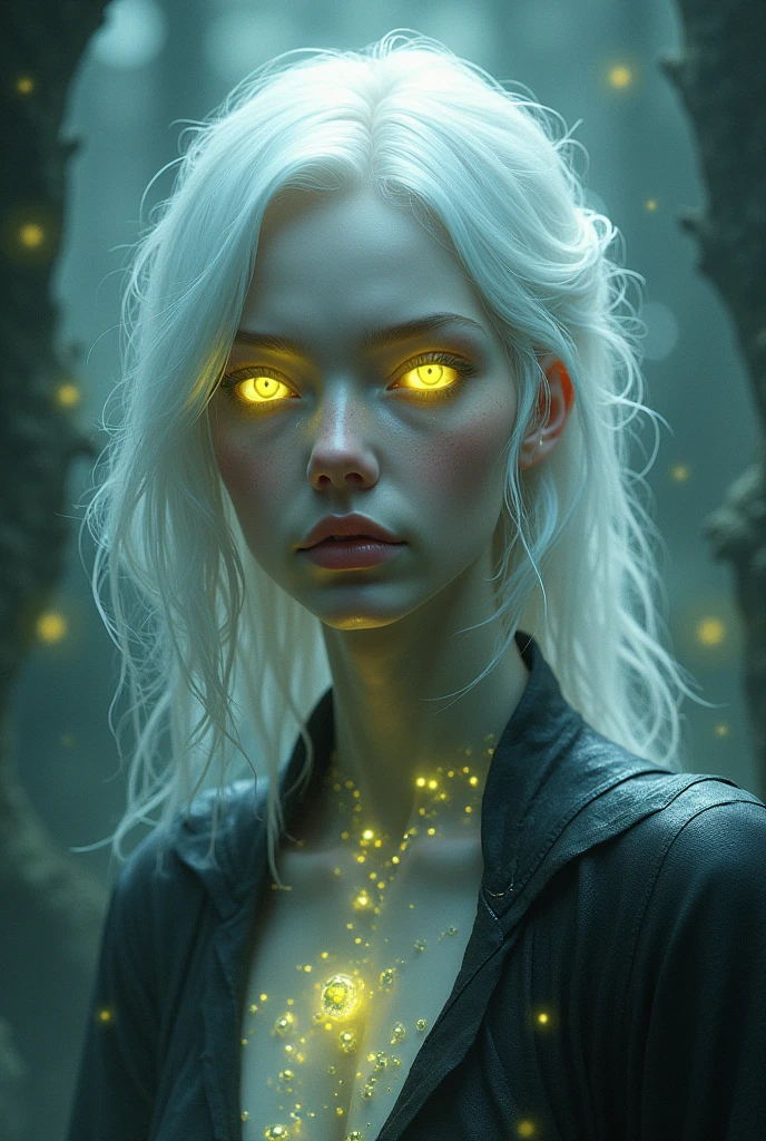 , with medium white hair, yellow eyes