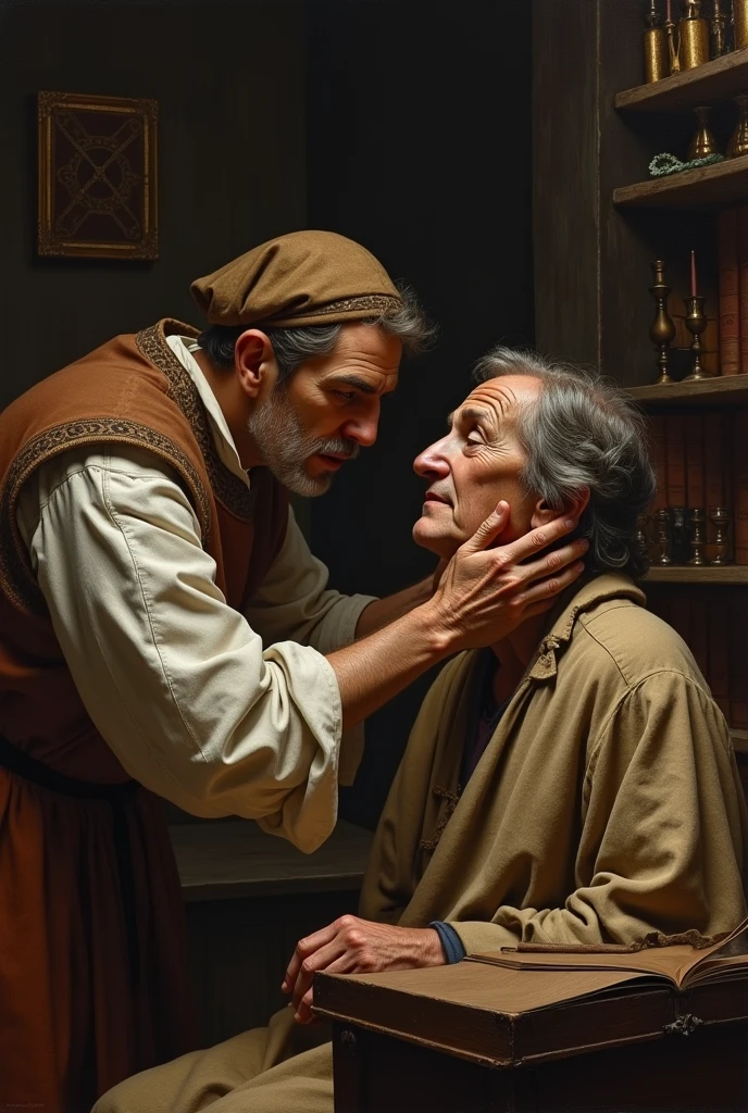 ophthalmologist working with a blind patient. middle Ages