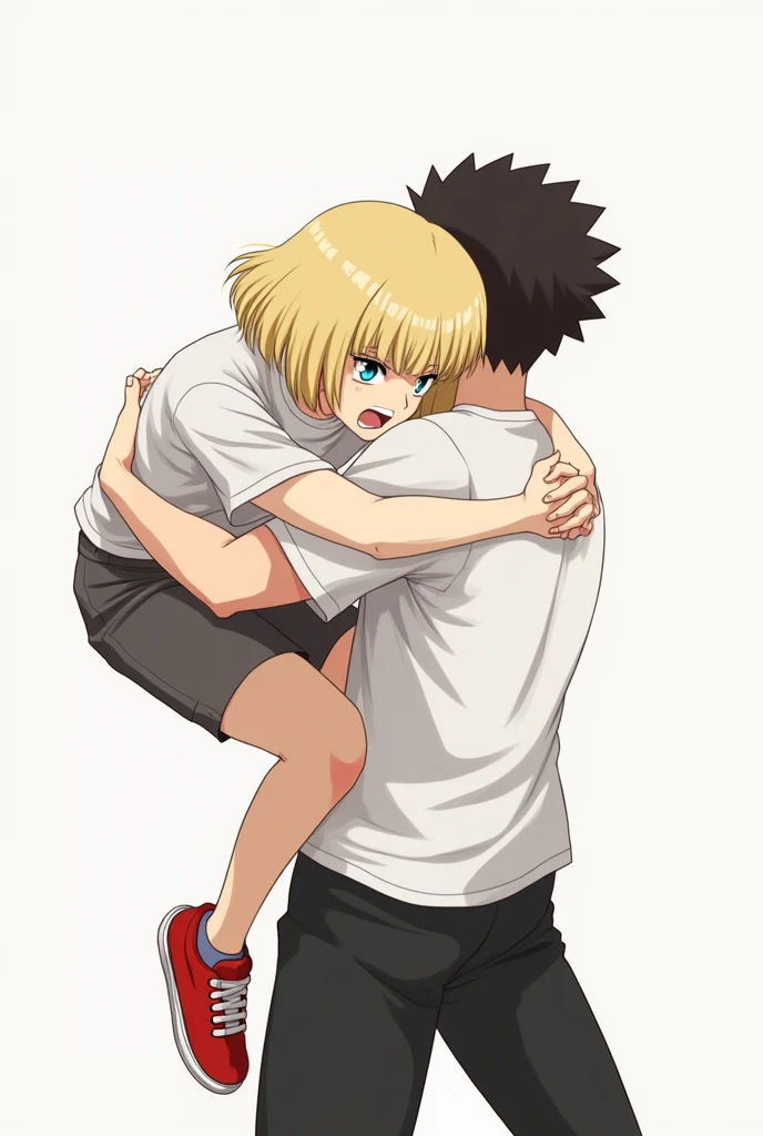 Wrestling, blonde girl with bob,in red sneakers, white t-shirt hugs guy tightly, squeezing his lower back, the girl lifted the guy, the guy's feet didn't reach the ground, anime, Art, view from the back