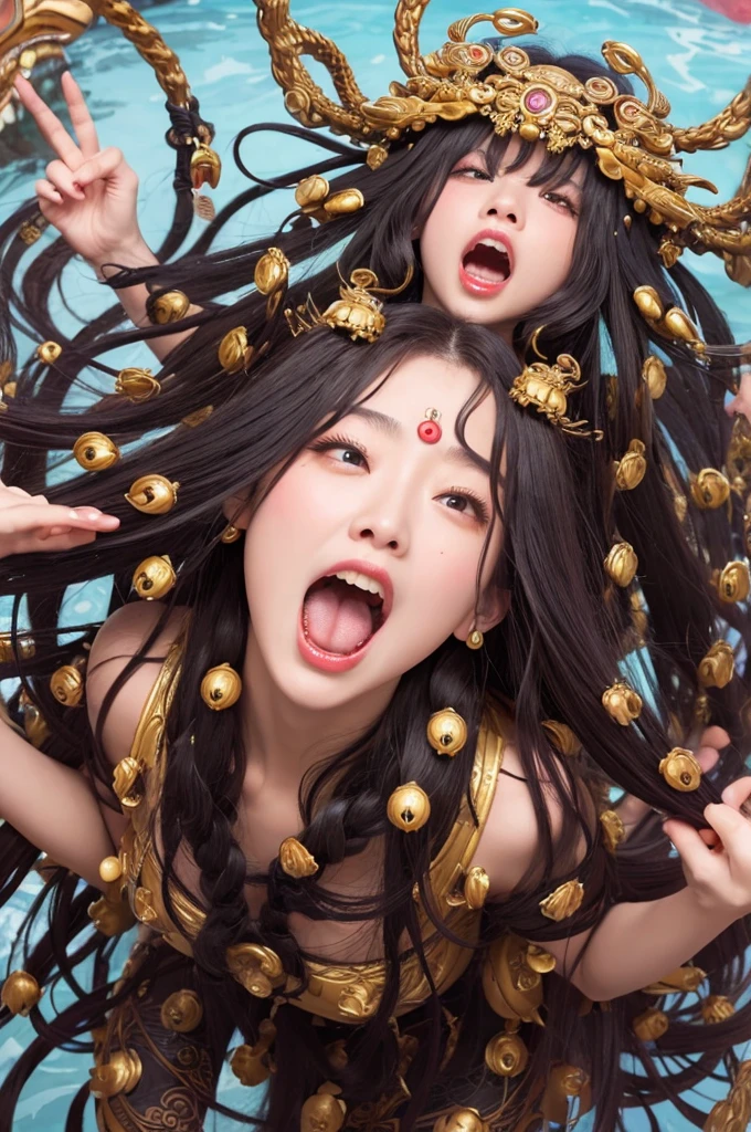 ((Highest quality)), ((masterpiece)), (detailed),A whole body floating in the air、Head of Medusa、A beautiful and cute female Thousand-Armed Kannon with many hands.、Realistic face with mouth wide open yelling、Angry all over
