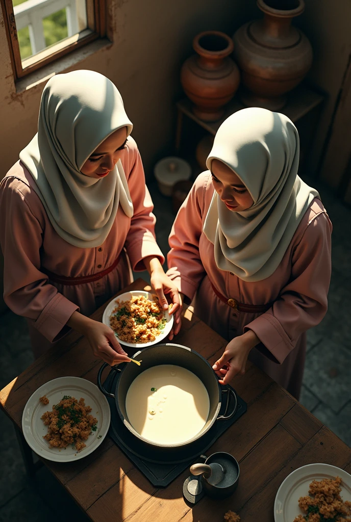 (photorealism:1.2), a top view of two malay hijab beauty girl,, wear a shabby blouse shirt and a batik sarong sitting on a floor in a traditional kitchen, a girl is pouring a milk into a wok and her friend is pick up a plate of meal, old urn, top aerial angle, in a morning sunshine,