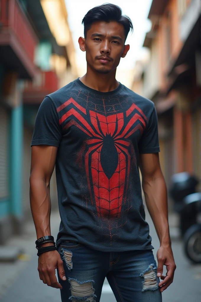 ((best quality)), ((masterpiece)), (detailed), perfect face,A handsome Indonesian man with a clean face, very short black hair, the sides are faintly visible, Ideal muscular body,wearing a T-shirt with a picture of a vicious spider, a qblack bracelet, slightly torn jeans, sneakers,Spiderman 3D cartoon street wall background, realistic hd
