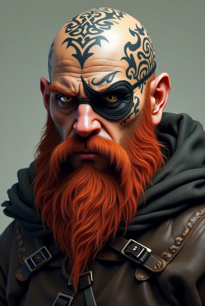 Create an image of the face of a bald Nordic dwarf with a tattoo on his head with a large red beard and an eye patch