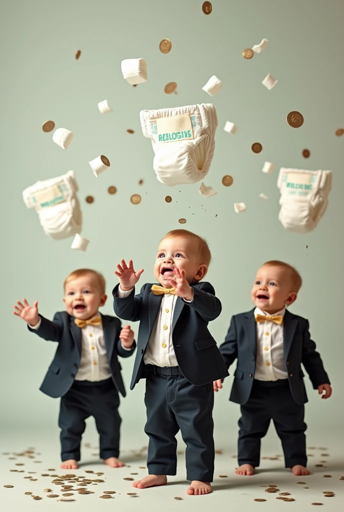 several baby diapers with the babies throwing them up in the air looking like money the babies wearing suits with their names on a board heloise raffle 