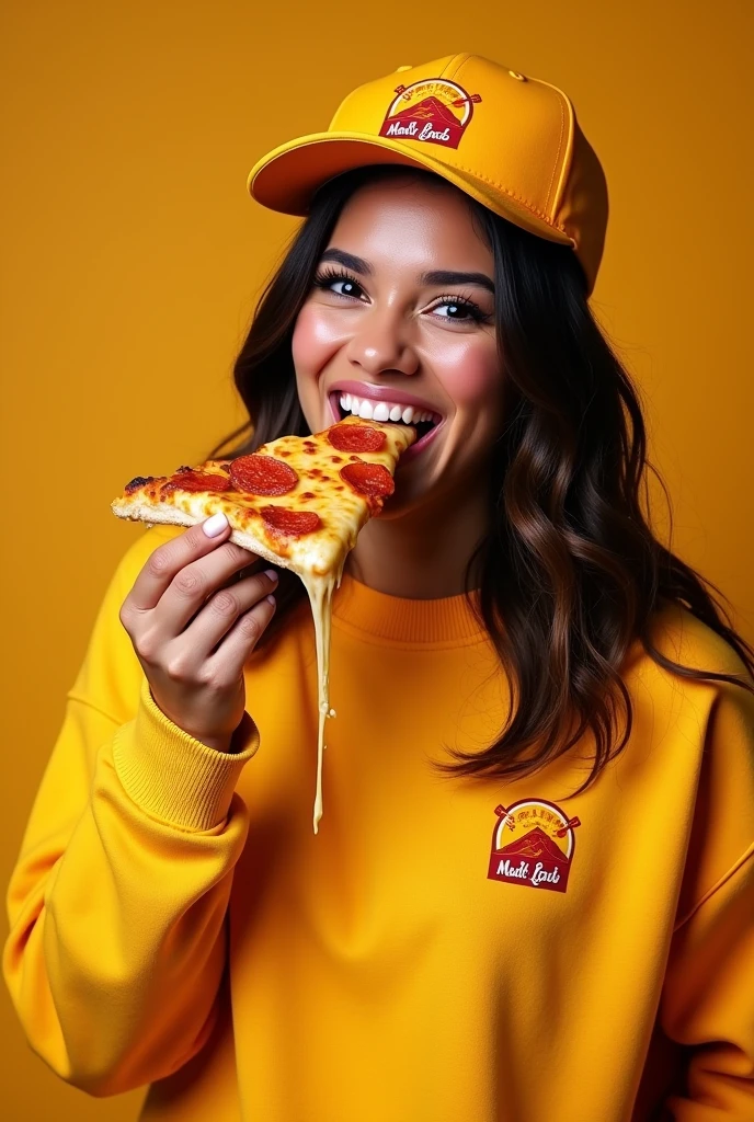"A studio photo of a woman with Brazilian features wearing a pullover with a small logo that depicts a slice of pizza melting with the name 'Brisas do Norte.' She is also wearing a matching cap with the same logo. The woman is holding a slice of pizza with melted cheese stringing out as she takes a bite. The scene is bright and cheerful, perfect for marketing a pizzeria named 'Brisas do Norte.' The woman should have a friendly expression, and the overall vibe should feel warm and inviting, reflecting the cozy and delicious atmosphere of the pizzeria."