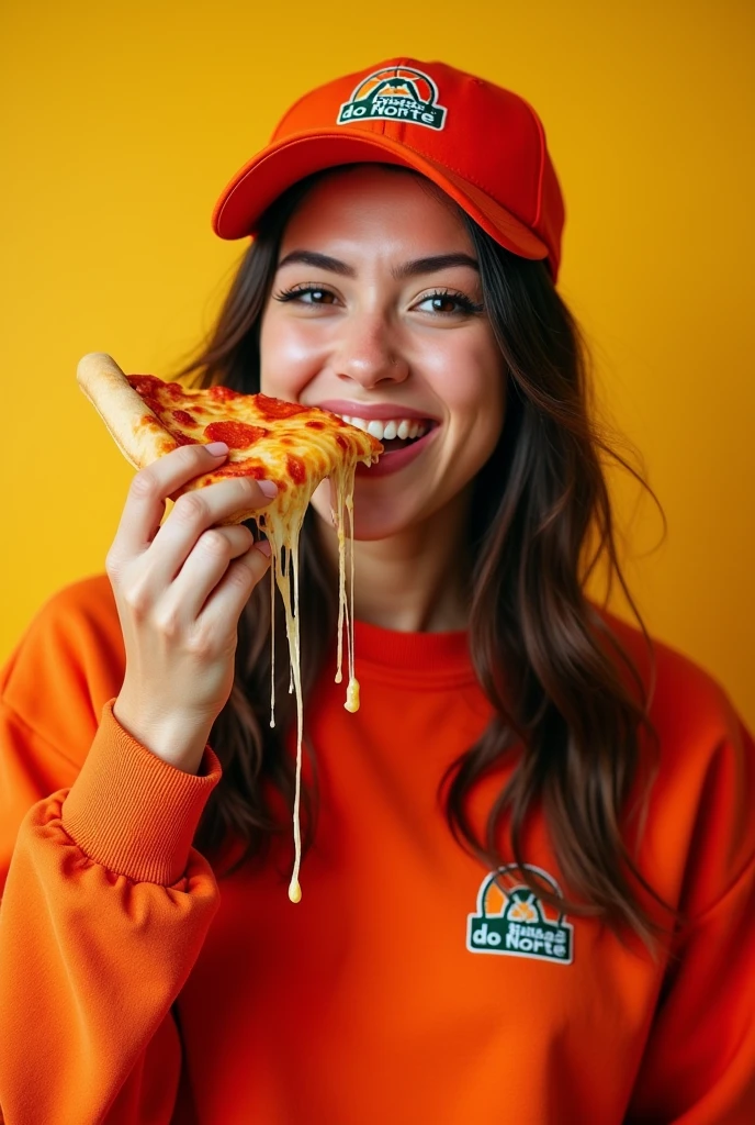 "A studio photo of a woman with Brazilian features wearing a pullover with a small logo that depicts a slice of pizza melting with the name 'Brisas do Norte.' She is also wearing a matching cap with the same logo. The woman is holding a slice of pizza with melted cheese stringing out as she takes a bite. The scene is bright and cheerful, perfect for marketing a pizzeria named 'Brisas do Norte.' The woman should have a friendly expression, and the overall vibe should feel warm and inviting, reflecting the cozy and delicious atmosphere of the pizzeria."
