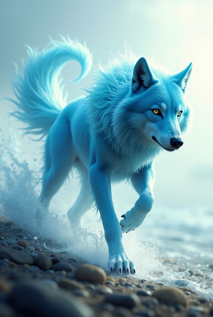 masterpiece,High resolution, ((Aqua Elemental):1.2、{Wolf}:0.8)、Sprint、Motion Blur、From an angle、