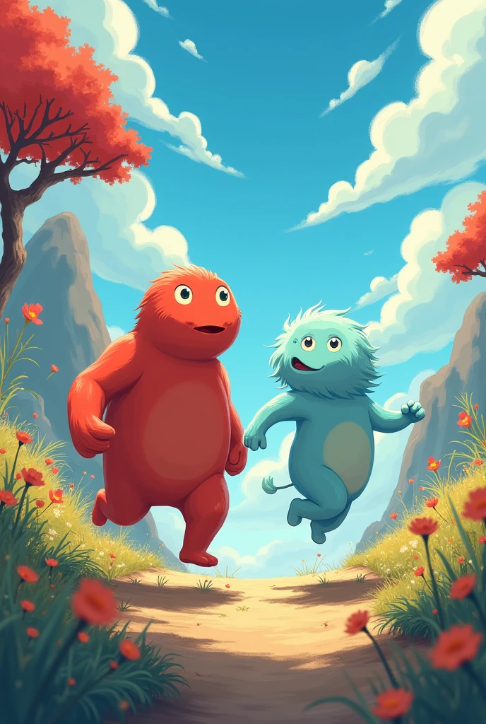 draw and create two cute characters, they must be formless non-human beings like studio ghibli . Strength and Movement they are friends adventurers and super brave. Strength robust red and Movement light blue, these on a fantastic land of Energyland, with running poses