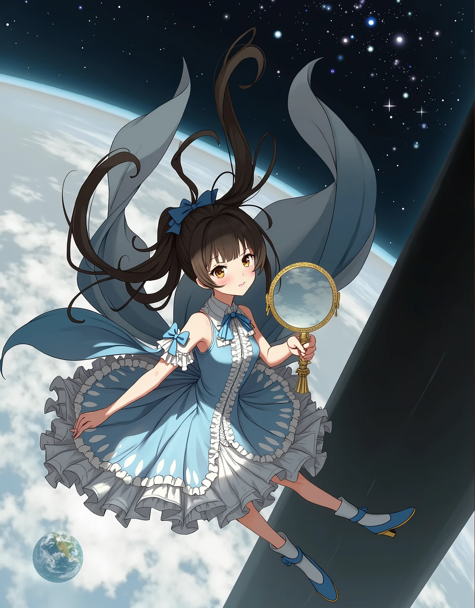 anime girl in a blue dress holding a mirror in her hand floating in space with stars, (ponytail forehead hair pulled back:1.3), (black hair:1.3), 1girl, solo, long hair, open mouth, black hair, dress, bow, holding, bare shoulders, brown eyes, ponytail, hair bow, frills, detached sleeves, sky, shoes, cape, white dress, blue bow, forehead, blue footwear, space, planet, earth \(planet\), anime style, from girls frontline, fine details. girls frontline, girls frontline universe, girls frontline style, girls frontline, girls frontline cg, soft anime illustration, 2 0 2 2 anime style, 2022 anime style, pixiv contest winner, pretty anime character design, render of april
