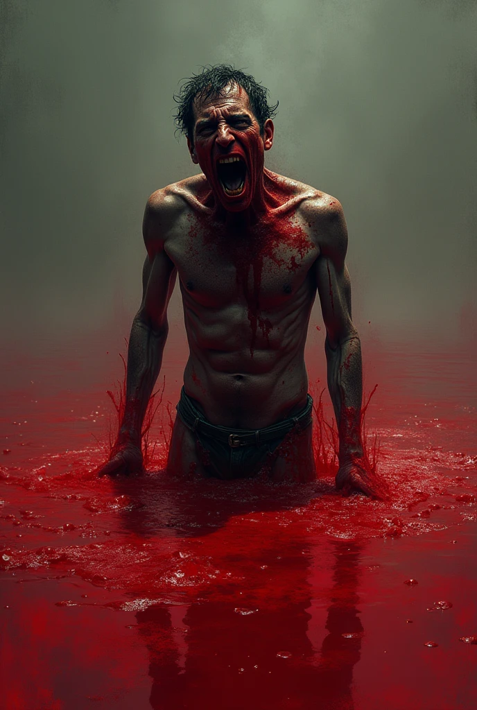 a man drowned in a sea of tears of his own blood as his body is charred.