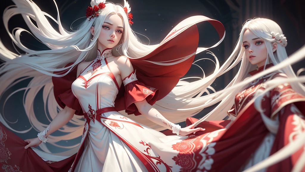 A highly detailed and ultra-realistic image of a girl with striking white hair and vivid red eyes, designed to create a stunning visual impact. Her hair is long, silky, and white as snow, styled in flowing waves that shimmer with a subtle iridescence, creating a captivating contrast against the rest of the scene. Her eyes are a deep, intense red, glowing with a mesmerizing, almost otherworldly brilliance, framed by long, dark lashes that enhance their vividness. Her skin is smooth and radiant, with a soft, porcelain-like glow that complements the dramatic color scheme. She is dressed in a stylish outfit that mirrors the red and white color palette: a beautiful, intricately designed dress in pure white with delicate red accents, such as a red sash and subtle embroidery, creating a sophisticated yet whimsical appearance. The dress flows elegantly, showcasing a combination of textures and layers that enhance its visual appeal. The background is a striking blend of red and white elements, creating a harmonious and artistic environment. The scene features abstract patterns and stylized elements in these two colors, such as swirling shapes, soft gradients, and glowing accents that enhance the overall aesthetic. The lighting is carefully designed to highlight the contrast between the red and white tones, casting a soft, ethereal glow that accentuates the girl’s features and the details of her outfit. The image is crafted with extreme graphic and technical quality, capturing every nuance from the delicate strands of her white hair to the intense red of her eyes and the intricate details of her dress. The overall effect is a visually stunning and stylish composition that is both captivating and artistic, making it ideal for a high-impact magazine cover