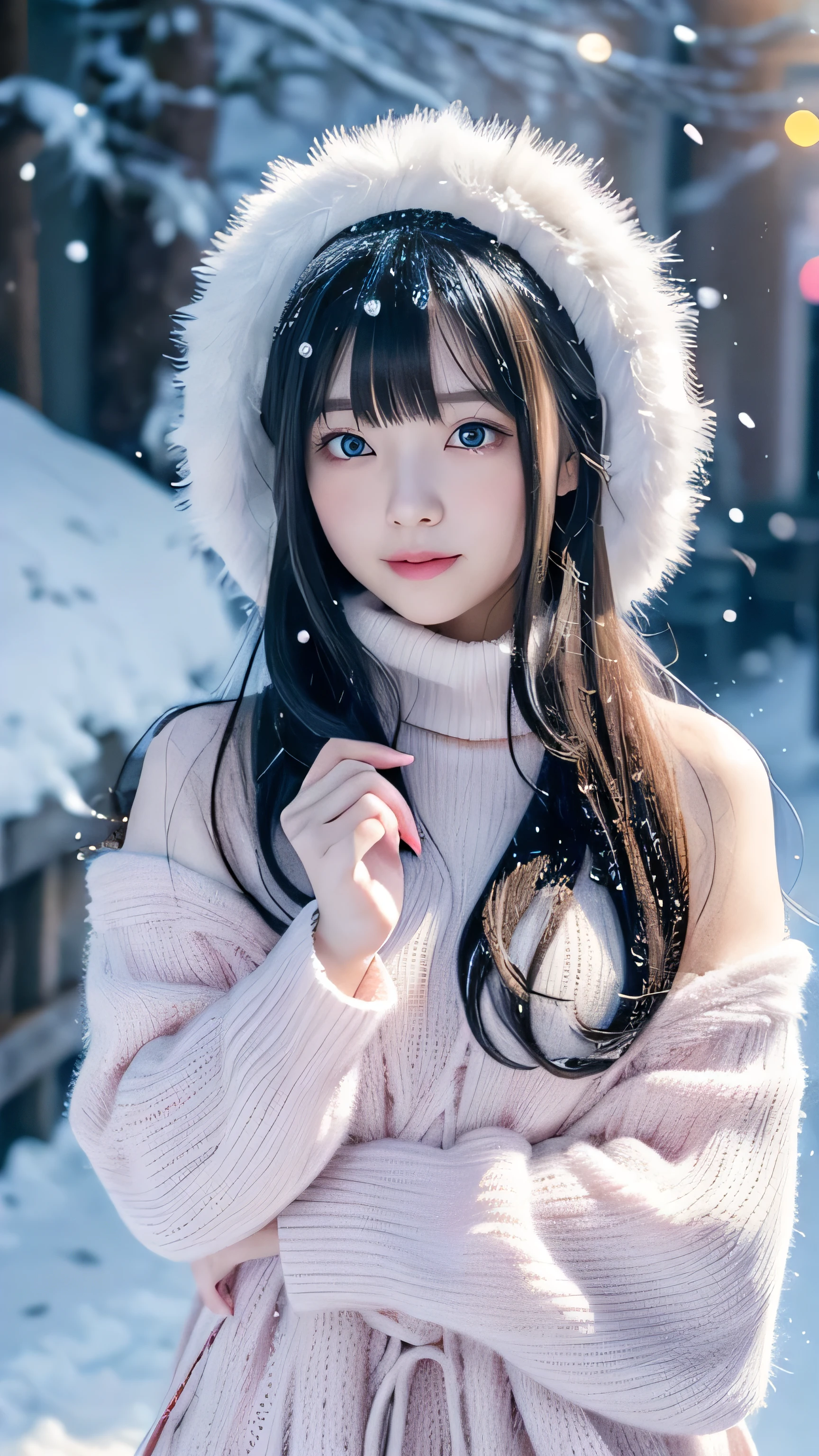 **Prompt:** Create an ultra-realistic 8K resolution image of Yuki-onna, the mythical figure from Japanese folklore, reimagined as the ultimate moe (adorably cute) character while retaining her iconic features. Yuki-onna’s signature pale, almost translucent skin glows softly, giving her an innocent and enchanting aura. Her long, jet-black hair is styled in playful, bouncy waves, with soft bangs framing her delicate face. Adorable snowflake-shaped hairpins accentuate her hair, adding a touch of whimsy.

She is dressed in a cozy, pastel-colored outfit that combines modern moe fashion with subtle nods to her wintery origins. Her outfit includes a fluffy white sweater adorned with delicate snowflake patterns and a cute pleated skirt in icy blue. Her large, expressive icy blue eyes are filled with warmth and curiosity, drawing the viewer in with their sparkle.

Her lips, tinted a soft pink, are curved into a sweet, inviting smile that exudes warmth and affection. Her overall demeanor is shy yet playful, making her appear irresistibly cute and endearing.

The background is softly blurred, featuring a winter landscape with gentle snowfall, further emphasizing her connection to the cold season. The overall scene perfectly blends Yuki-onna’s mystical origins with the heartwarming charm of a moe character, creating a visually captivating and enchanting portrayal.