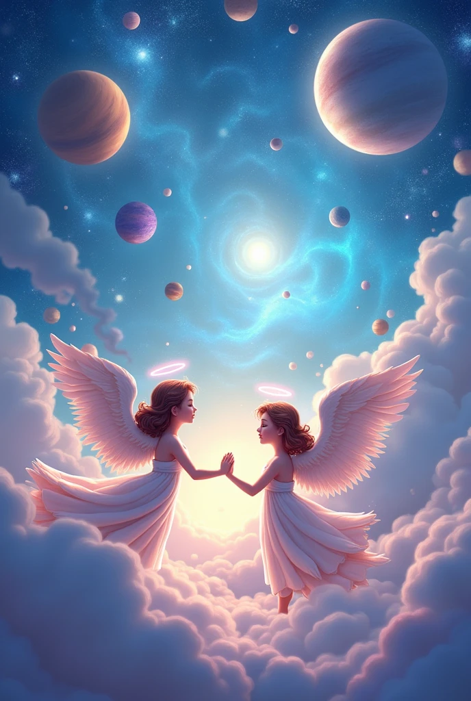 (photorealism:1.2), beautiful Angels , Cartoon style, flyer in universe , whit planets and have more Hope in heart