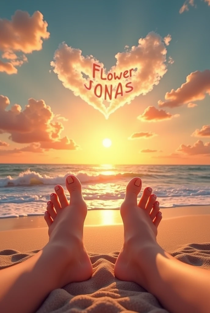 A shot of two feet on a beach and a sunset that projects two names that are flower and Jonas formed by clouds and a cloud also in the shape of a heart