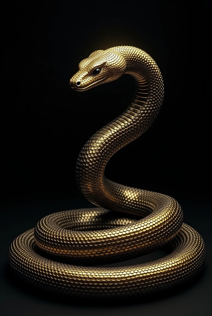 Create an image about a snake with black and gold tones in a vertical format 9:16 on a black background