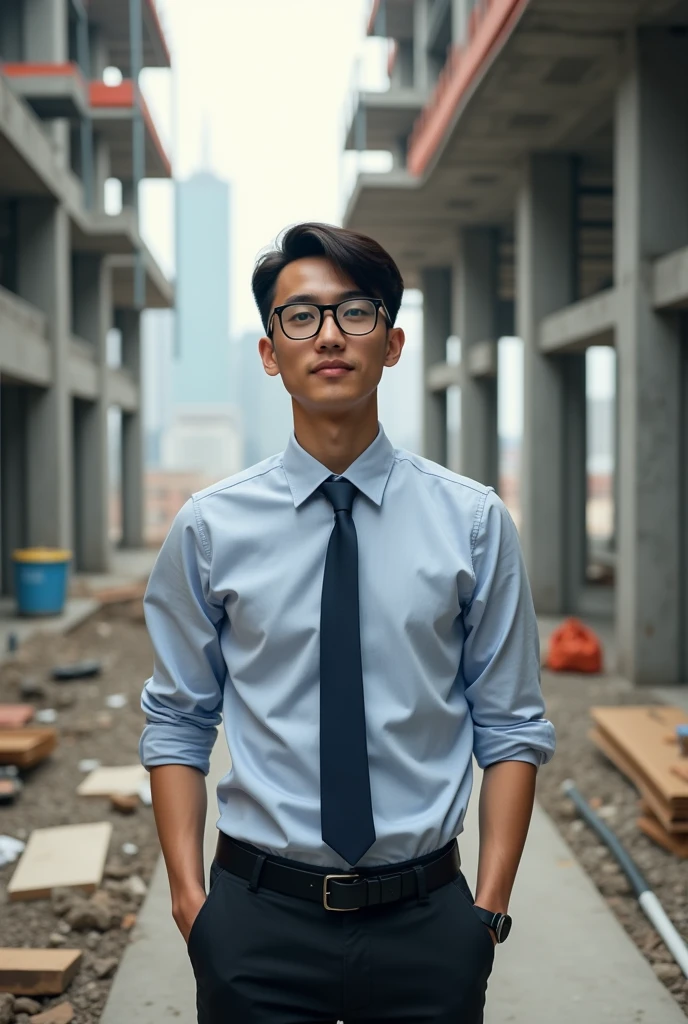 A young man, civil engineer, wear glasses, Has straight hair